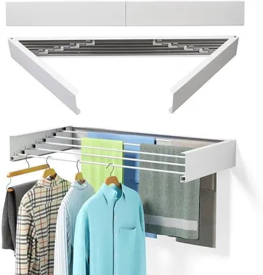 Productafbeelding van Wanddroger, 80 cm uitschuifbaar, roestvrij staal, opvouwbaar, wit, geschikt voor wandmontage, voor binnen- en buitengebruik, balkon, draagvermogen 50 kg