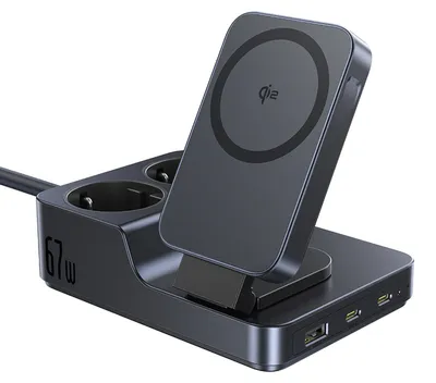 Imagen del producto de Estación de carga, inalámbrica magnética, 2 tomas de corriente AC, 2 puertos Type-C, 1 puerto USB-A, 67W, 1,5 m - Baseus Nomos ND11 (E00078801123-00) -  cósmico