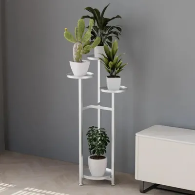 Image de Support pour plantes d'intérieur - Étagère d'angle pour plantes - À plusieurs niveaux - Métal - Pieds antidérapants - 100 cm - Blanc