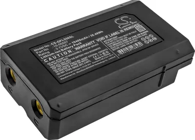 A black lithium-ion battery pack with a label showing product information and warnings.