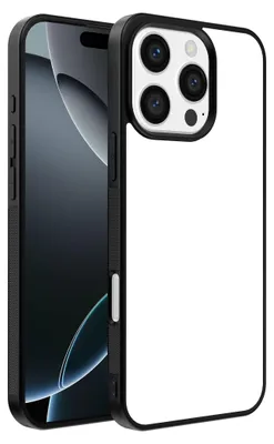 A black iPhone case with a white back is shown against a white background. The phone is partially visible inside the case.