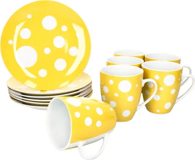 Zdjęcie produktu dla Pula żółty 12-częściowy zestaw śniadaniowy porcelanowe talerze w kropki kubki