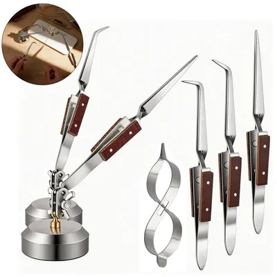 Produktbild von 3D-Löthilfe Set – 6-teilig, 3 Kreuzsperr-Lötzpinzetten + 2 mit Basis & 8er Klemme, 360° drehbar, Für Schmuckherstellung & Reparatur