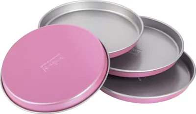 Produktbild von Zenker creative studio Schichtkuchenblech Set, runde Backformen, Backbleche mit Antihaftbeschichtung, Kuchenform: Ø180mmx18mm, kreatives Backen (Farbe: rosa, silber), Menge: 4 Stück