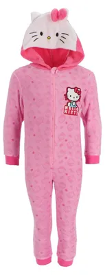 Produktbild von Weicher Hello Kitty Fleece Strampler Rosa mit Kapuze, 3D-Ohren und Reißverschluss