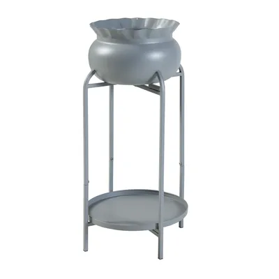 Image de Support pour plantes « Altena » avec pot de fleurs et tablette en métal, 60 x 27 x 27 cm, gris