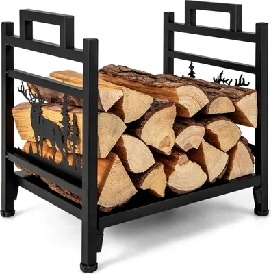 Zdjęcie produktu dla Metalowy stojak na drewno opałowe COSTWAY z uchwytami i regulowanymi nóżkami, 46x34x45cm
