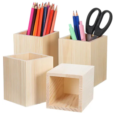 4er Set Holz-Stifthalter, Schreibtisch-Organizer, 10x8x8 cm, natur