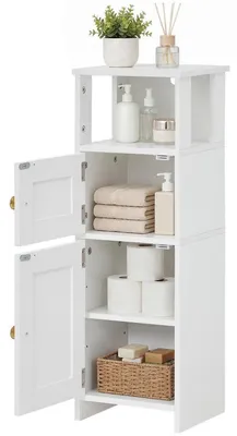 Image de Armoire de salle de bain étroite avec étagère réglable, autoportante, de couleur blanche