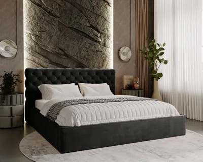 Obrázok produktu pre Čalúnená posteľ Chesterfield 160x200 cm Ali – dvojposteľ s úložným priestorom, rošt – zamat, glamour – čierna