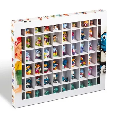 A display box filled with small collectible figurines, arranged in a grid.