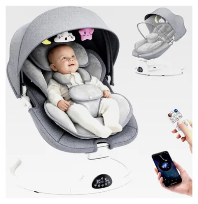 Produktbild von Babyschaukel für Säuglinge und Kleinkinder, elektrische Neugeborenen-Schaukel mit 5 Geschwindigkeiten und 3 Sitzpositionen, 5-Punkt-Sicherheitsgurt, Bluetooth-Musik und 10 Melodien, geeignet für Innen- und Außenbereich