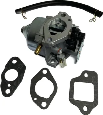 A carburetor and its gaskets are laid out on a white background.