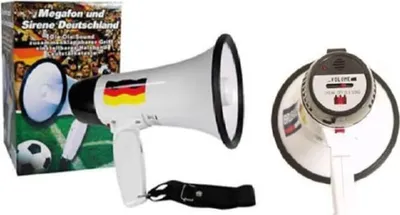 Produktbild von Fan-Megafon 7 Sirene im Deutschland-Design, 14x14x22 cm, bis 100 Mtr. Reichweite, einklappbar und mit Tragegurt.