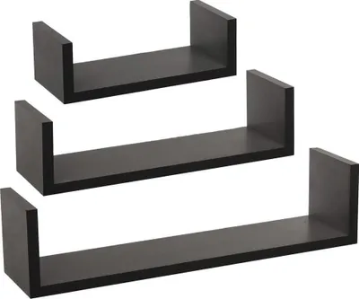 Three black U-shaped shelves of varying sizes are arranged diagonally on a white background.