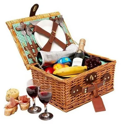 Produktbild von Picknickkorb für 2 Personen aus Rattan mit isolierter Kühlbox und Zubehör – Grün-Weiß kariert, 35x27x16 cm