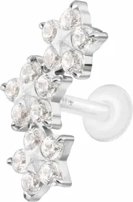 Produktbild von Ohrpiercing, Nasenpiercing PTFE Labret mit Innengewinde + Titan-Aufsatz 3 KRISTALLBLUMEN Silber Stablänge: 8mm | Stabstärke: 1,2mm