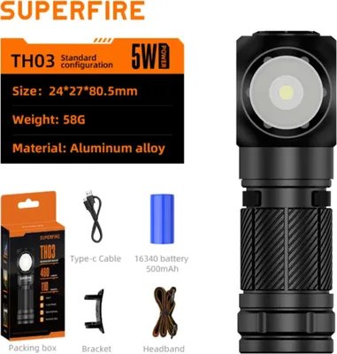 Produktbild von Supfire TH03 LED wiederaufladbare Stirnlampe 5W, 460lm, USB-C, Li-ion