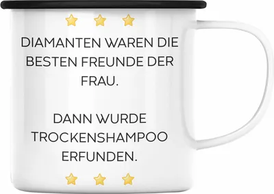 Produktbild von Trendation - Lustige Emaille Tasse mit Spruch für Frauen Männer Arbeit Büro Lustig Emaille Tassen Becher mit Sprüchen Kollegin Geschenk Sarkasmus Trockenshampoo (Schwarz)