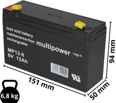 Image de Multipower Batterie au plomb MP12-6 Pb 6V 12Ah Faston 4,8mm