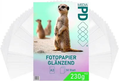 Produktbild von PD Media Premium Fotopapier A3 Glänzend – 230 g/m², 50 Blatt, Hochglanz Inkjet Papier (29,7 x 42 cm)
