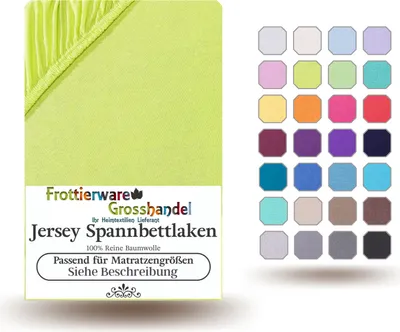 A product image showing a lime green fitted sheet and a grid of color swatches.