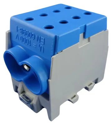 Produktbild von Pollmann Hauptleitungs Abzweigklemme, 1-polig, 1x Eing. 2x70mm², 1x Ausg. 2x70mm², blau, Packung mit 3 Stk.