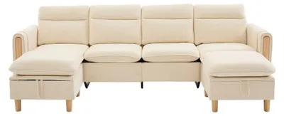 Produktbild von U-förmiges modulares Sofa - 4-Sitzer - 2 Aufbewahrungshocker - Chenillebezug - Holzbeine - Beige