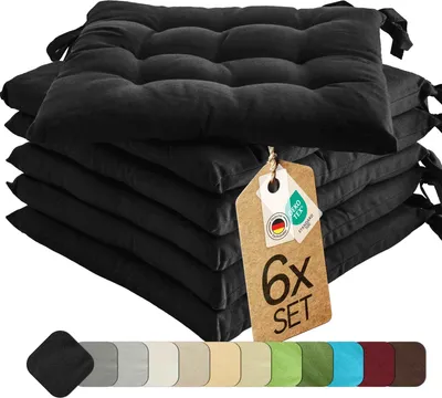 Produktbild von Sitzkissen Stuhlkissen Indoor & Outdoor 6er Set 40x40 cm - Schwarz - etérea Stuhl Kissen Auflage mit Bändern