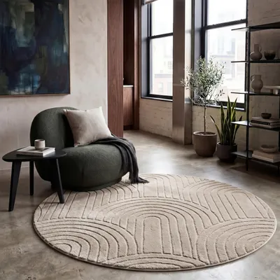 Produktbild von Teppich Wohnzimmer Schlafzimmer Hochflor Weich Waschbar Uni 3D-Optik Modern Beige Grösse 160 cm Rund