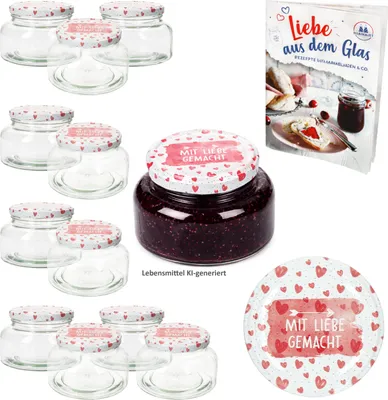 Image de 12 pots à yaourt 435 ml Bocaux en verre Fait avec amour Couvercle Confiture