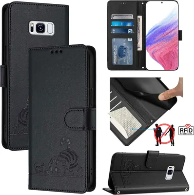 Image de Etui en cuir pour Samsung Galaxy S8 Plus, étui Flip cat avec fonction stand et portefeuille noir
