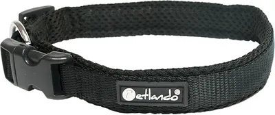 A black dog collar with a buckle and a brand logo.