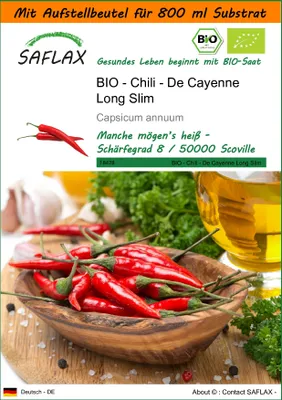 Produktbild von SAFLAX - Garden in the Bag - BIO - Chili - De Cayenne Long Slim - 10 Samen - Mit Anzuchtsubstrat im praktischen, selbst aufstellenden Beutel - Capsicum annuum