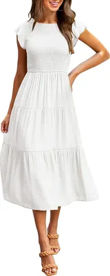 Produktbild von ASKSA Damen Elegant Kleid Maxikleid A-Linie Swing Boho Flatterärmel Kleider, Weiß, XL