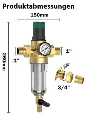 Obrázok produktu pre Zpětně proplachovatelný vodní filtr – predfiltr DN25 – s manometrom – s reduktorom tlaku – 25 mm