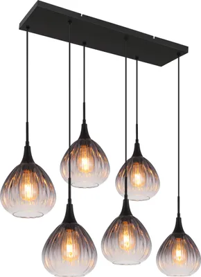 Produktbild von Globo Lighting Hängeleuchte Metall schwarz matt, Glas rauchfarben, klar verlaufend, Kabel PVC schwarz, Höhe kürzbar, LxBxH: 900x400x1200mm, exkl. 6x E27 40W 230V