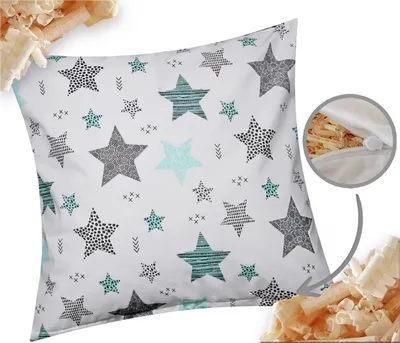 A pillow with a star pattern is shown, with a close-up inset showing the zipper and filling.