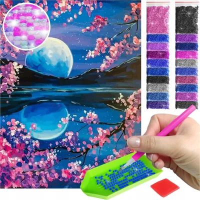 Produktbild von ARTULIO - Diamond Painting Set - Nächtliche Landschaft mit Mond und Kirschblüten - 40 x 30 cm - AB Steine, AB Diamant - Crystal Art, 5D Diamant Painting