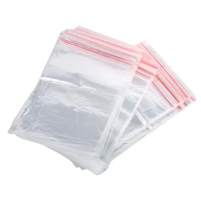 Imagen del producto de 3 tamaños. 100 unidades. Bolsas de plástico transparentes reutilizables con cierre hermético, ideales para dulces, frutos secos y alimentos