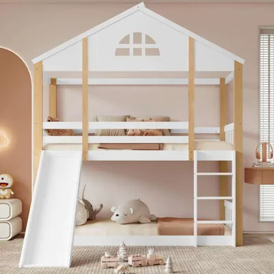 Image de Lit superposé avec fenêtres caractéristiques et échelle d'angle à trois marches, lit d'enfant avec toboggan, lit d'intérieur avec barrières et protection contre les chutes, cadre de lit en bois massif, blanc+naturel, 90x200cm