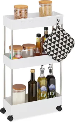 Immagine prodotto di Carrello da cucina - Plastica - 3 ripiani - 4 ganci - 70 x 15,5 x 40,5 cm - Scaffale stretto con ruote - Bianco