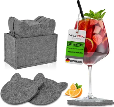 Produktbild von wortek Filz Untersetzer - Deko Tischset + Aufbewahrungsbox I für Gläser & Tisch, 10er Set I 10cm I Katze, Grau