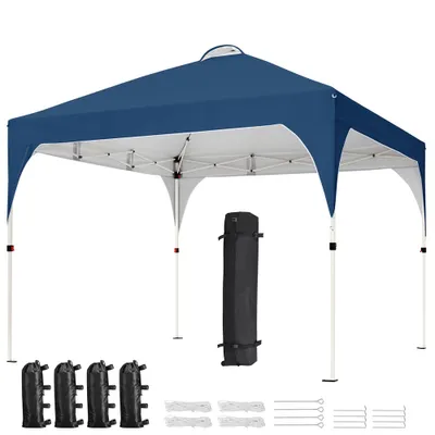 A navy blue pop-up canopy tent with its accessories laid out on a white background.