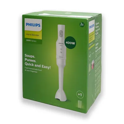 A product box for a Philips hand blender.