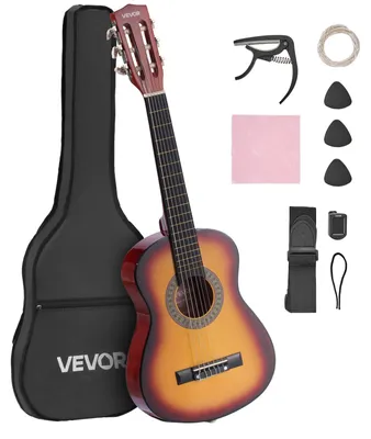 Image de Guitare classique VEVOR, 780 mm, kit de démarrage guitare classique en bois pour débutants, avec cordes en nylon, Gigbag, sangle, accordeur, cordes supplémentaires, médiator, capodastre, tilleul, pour débutants, Sunburst
