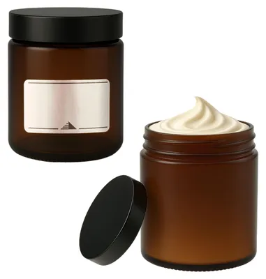 2 braune Glastiegel 180 ml mit Deckel & Etiketten