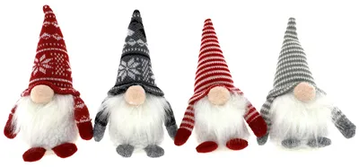 Produktbild von hausleben 4er Set Weihnachtswichtel Deko Figuren – Skandinavische Wichtel mit Strickmütze & Bart, 18cm – Weihnachtsdeko Figuren für Zuhause, Tisch & Fensterbank – Weihnachten Deko rot grau schwarz