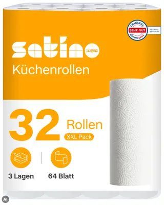 Produktbild von Satino Küchenrolle 3-lagig – 32 Rollen – 64 Blatt pro Rolle - saugstark & reißfest - Küchentücher -  Germany
