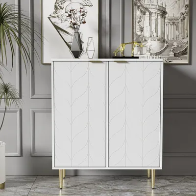 Produktbild von Weiß Sideboard 75Bx40Tx90H (3 Einlegeböden, 6 Fächer) mit 2 Türen,Kommode,Flurschrank ergoldete Füße und Griff, lackiert,stoßsicheres Eckdesign